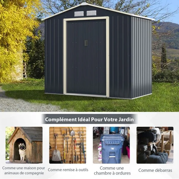 Abri de Jardin en Métal 4,07 ㎡ 213 x 191 x 195 cm/2,71 ㎡ 213 x 127 x 195 cm/1.36 ㎡ 213 x 64 x 195 cm avec 2 Portes Coulissantes Verrouillables 4 Trous d’Aération Gris pour Vélo