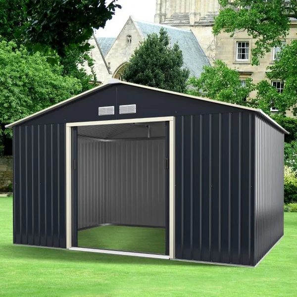 Abri de Jardin en Métal 8,67 ㎡ 340 x 255 x 210 cm avec 2 Portes Coulissantes Verrouillables 4 Trous d’Aération Gris pour Vélo