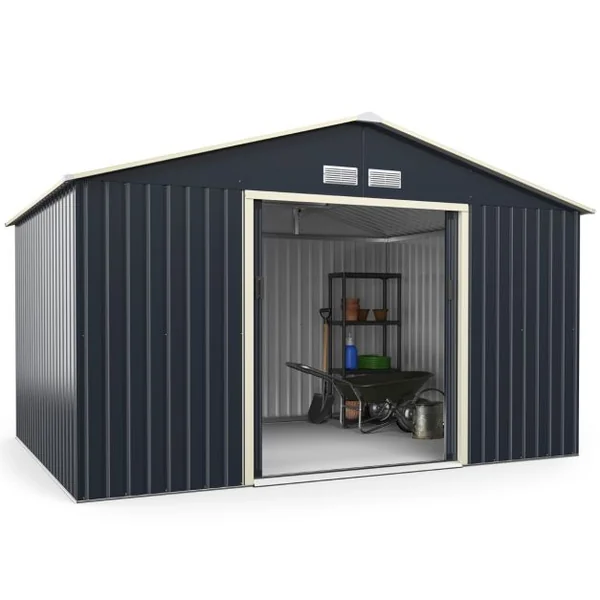 Abri de Jardin en Métal 8,67 ㎡ 340 x 255 x 210 cm avec 2 Portes Coulissantes Verrouillables 4 Trous d’Aération Gris pour Vélo