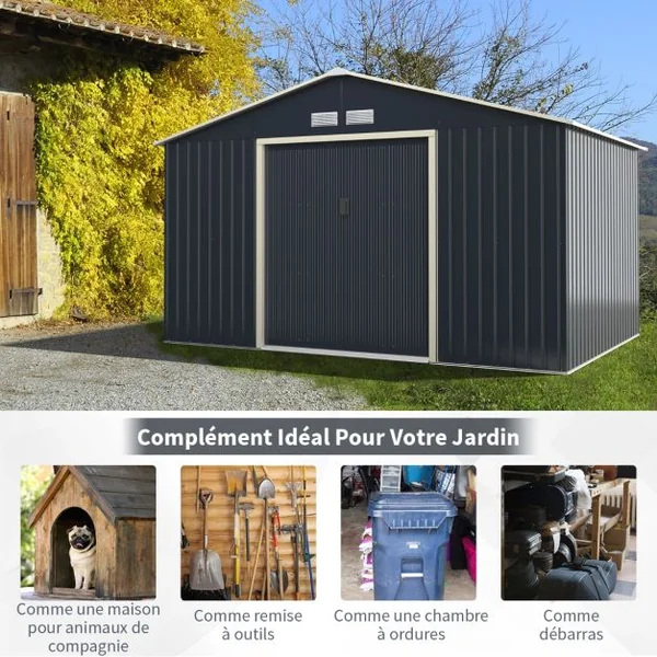 Abri de Jardin en Métal 8,67 ㎡ 340 x 255 x 210 cm avec 2 Portes Coulissantes Verrouillables 4 Trous d’Aération Gris pour Vélo