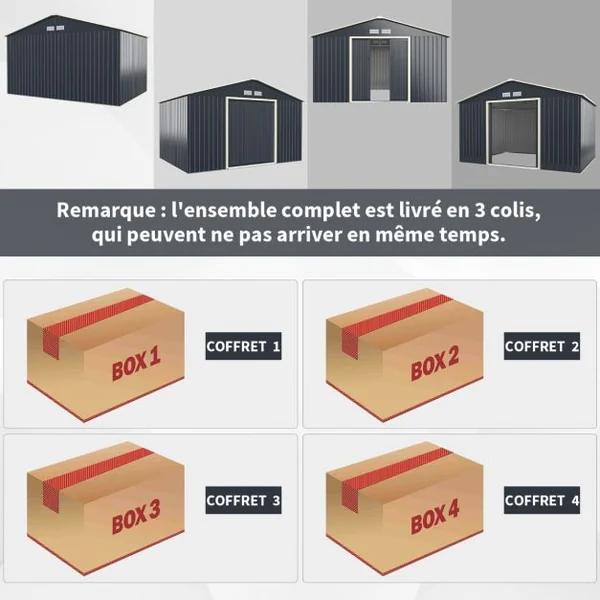 Abri de Jardin en Métal 8,67 ㎡ 340 x 255 x 210 cm avec 2 Portes Coulissantes Verrouillables 4 Trous d’Aération Gris pour Vélo