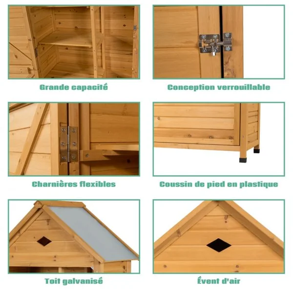 Abri de Jardin Extérieur à 5 Etagères Cabane Verrouillable en Bois de Sapin Toit en Tôle Galvanisée