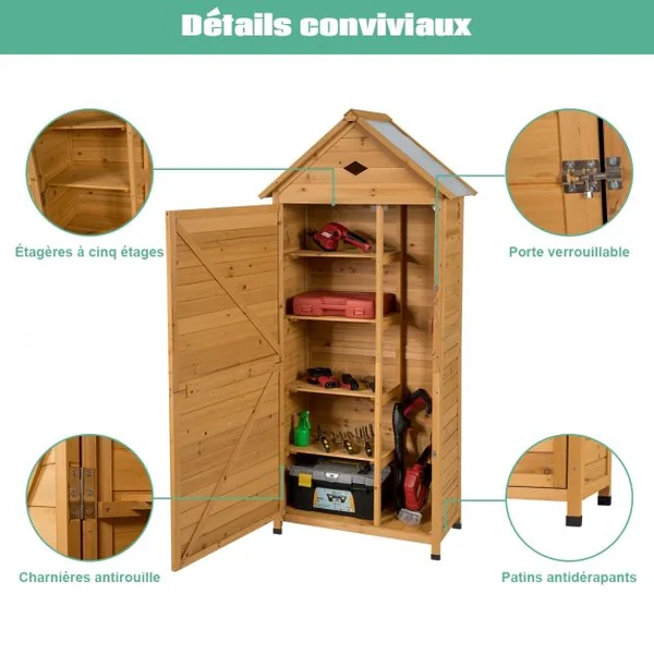 Abri de Jardin Extérieur à 5 Etagères Cabane Verrouillable en Bois de Sapin Toit en Tôle Galvanisée