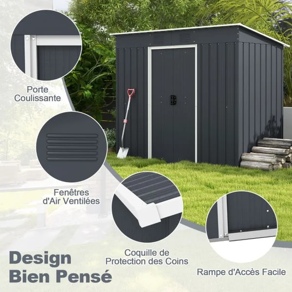 Abri de Jardin Métal 2,4 ㎡ Toit Monopente Cabane de Jardin 2 Portes Coulissantes Verrouillables Fondation 2 Trous d'Aération Gris