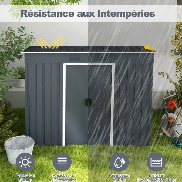 Abri de Jardin Métal 2,4 ㎡ Toit Monopente Cabane de Jardin 2 Portes Coulissantes Verrouillables Fondation 2 Trous d'Aération Gris