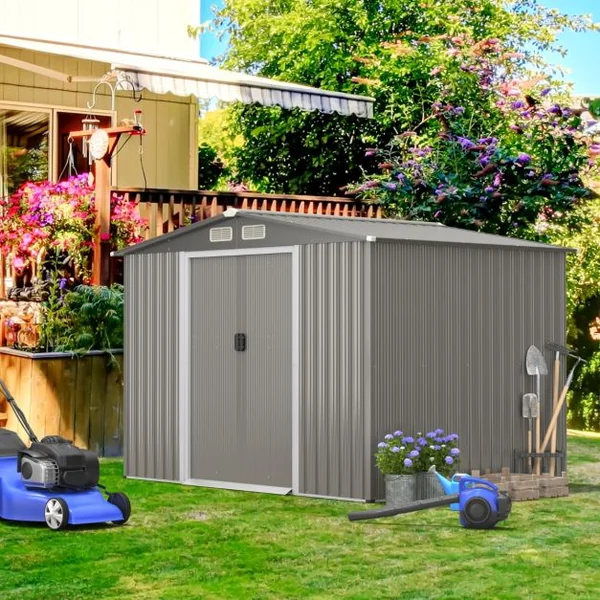 Abri de Jardin Métal Extérieur 9.74m³ Acier Galvanisé avec Fondation 4 Persiennes Double Porte et Rampe 260 x 207 x 181 cm Gris Foncé/Gris Clair