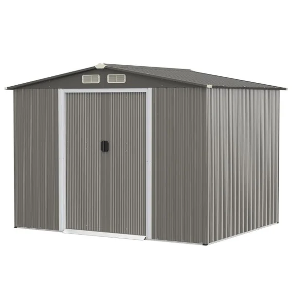 Abri de Jardin Métal Extérieur 9.74m³ Acier Galvanisé avec Fondation 4 Persiennes Double Porte et Rampe 260 x 207 x 181 cm Gris Foncé/Gris Clair