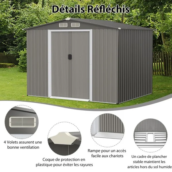 Abri de Jardin Métal Extérieur 9.74m³ Acier Galvanisé avec Fondation 4 Persiennes Double Porte et Rampe 260 x 207 x 181 cm Gris Foncé/Gris Clair