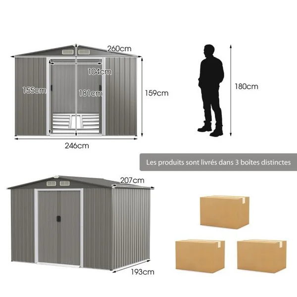 Abri de Jardin Métal Extérieur 9.74m³ Acier Galvanisé avec Fondation 4 Persiennes Double Porte et Rampe 260 x 207 x 181 cm Gris Foncé/Gris Clair
