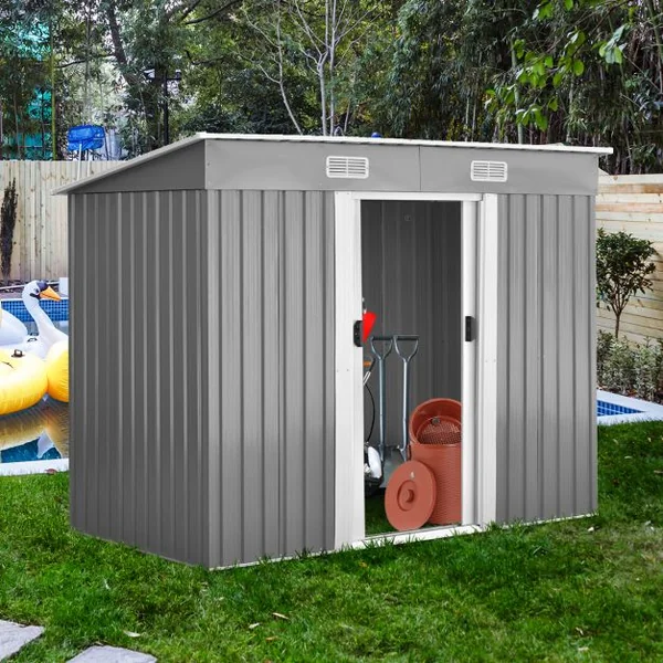Abri de Jardin à l'Extérieur en Acier Galvanisé avec 2 Portes,4 Bouches d'Aération pour Stocker Outils 238 x 131 x 181CM Gris+Blanc