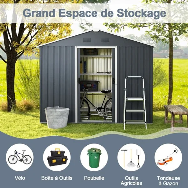 Abri de Rangement 174x236 cm Maison d'Outils à Double Porte avec Serrure Fenêtre d'Aération Conception de Rampe Organisateur d'Outils en Métal