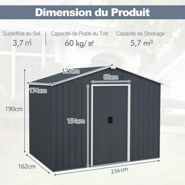 Abri de Rangement 174x236 cm Maison d'Outils à Double Porte avec Serrure Fenêtre d'Aération Conception de Rampe Organisateur d'Outils en Métal