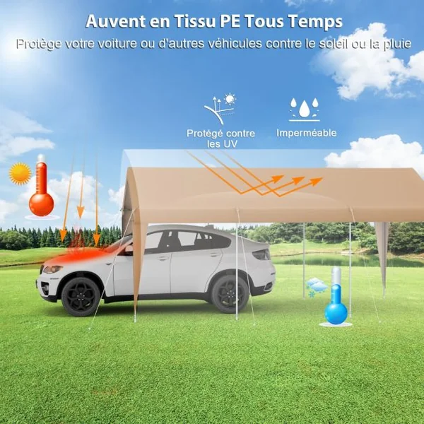 Abri de Voiture 301 x 600 cm Cadre en Métal Galvanisé Tente de Garage Portable avec Bâche Toutes Saisons Tente de Voiture pour Camions Bateaux