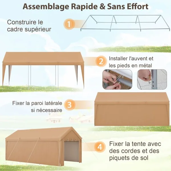 Abri de Voiture 301 x 600 cm Cadre en Métal Galvanisé Tente de Garage Portable avec Paroi Latérale Amovible
