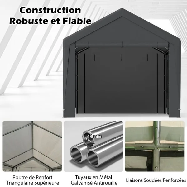 Abri de Voiture 595 x 300 cm Extérieur Tente de Garage avec 8 Parois Latérales Amovibles Portes Enroulables Fenêtres Ventilées Gris