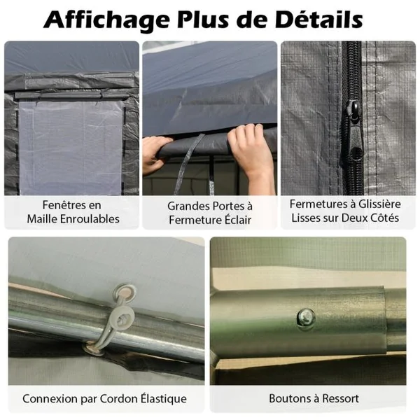 Abri de Voiture 595 x 300 cm Extérieur Tente de Garage avec 8 Parois Latérales Amovibles Portes Enroulables Fenêtres Ventilées Gris