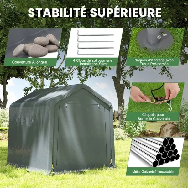 Abri de Vélos Extérieur de 240x195x214cm Abri de Garage Portable pour Motos Housse Imperméable avec Porte à Fermeture Éclair Gris