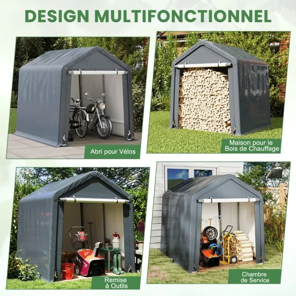 Abri de Vélos Extérieur de 240x195x214cm Abri de Garage Portable pour Motos Housse Imperméable avec Porte à Fermeture Éclair Gris