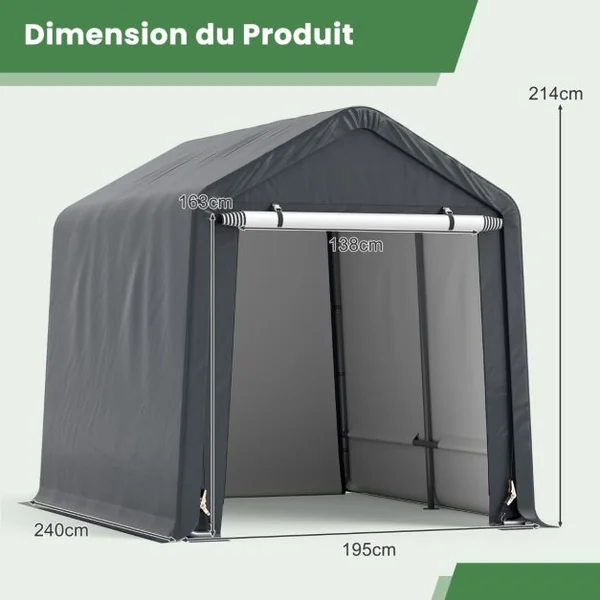 Abri de Vélos Extérieur de 240x195x214cm Abri de Garage Portable pour Motos Housse Imperméable avec Porte à Fermeture Éclair Gris