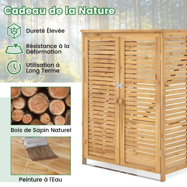 Abri à Poubelle en Bois de 120 L Abri pour Outils d'Extérieur avec Couvercle Ouvrable Doubles Portes Loquet de Verrouillage Naturel