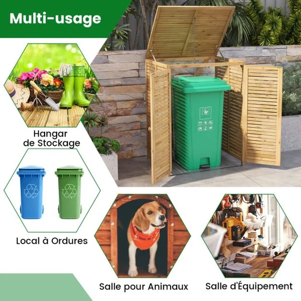Abri à Poubelle en Bois de 120 L Abri pour Outils d'Extérieur avec Couvercle Ouvrable Doubles Portes Loquet de Verrouillage Naturel