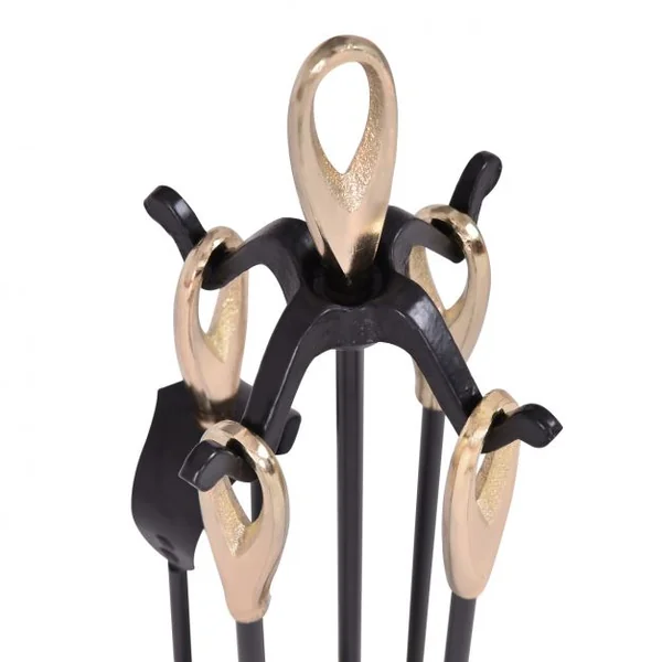 Accessoires de Cheminée 5 Pièces Ensemble Ustensiles pour Cheminée avec Support Pince Pelle Balai Tisonnier Doré