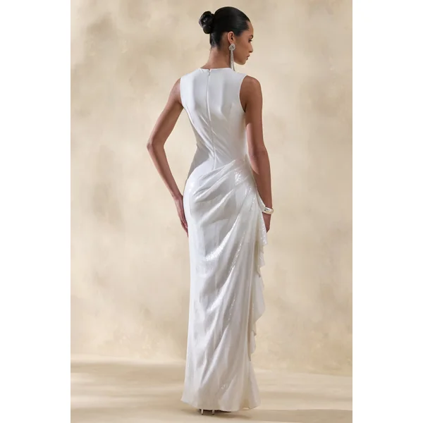 Ada | Robe longue blanche à encolure ronde avec jupe transparente et détails à volants