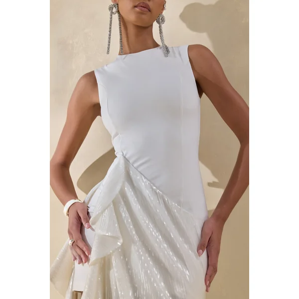 Ada | Robe longue blanche à encolure ronde avec jupe transparente et détails à volants