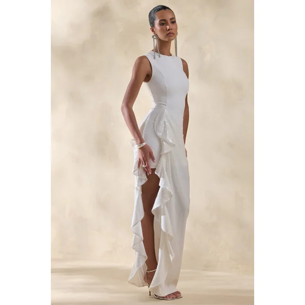 Ada | Robe longue blanche à encolure ronde avec jupe transparente et détails à volants