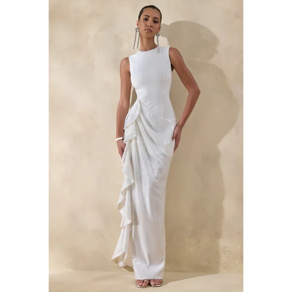 Ada | Robe longue blanche à encolure ronde avec jupe transparente et détails à volants