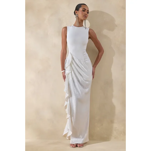 Ada | Robe longue blanche à encolure ronde avec jupe transparente et détails à volants