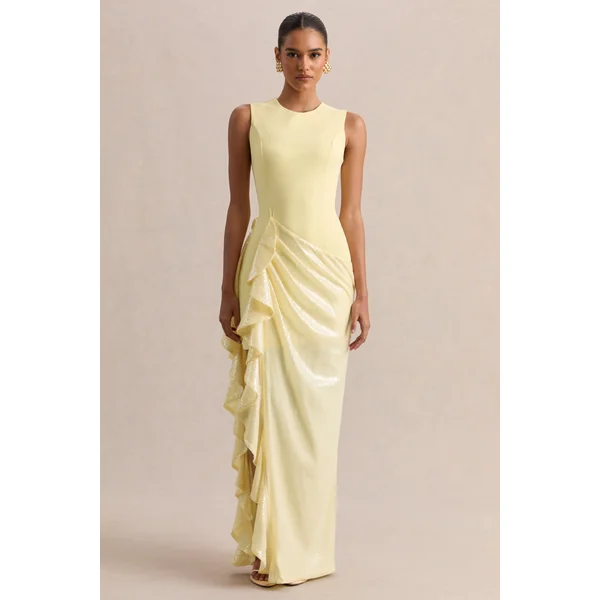 Ada | Robe longue citron à encolure ronde avec jupe transparente et détails à volants