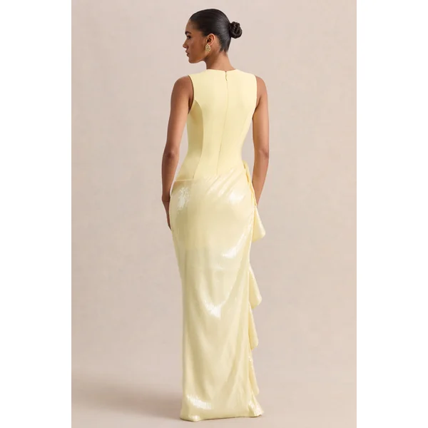 Ada | Robe longue citron à encolure ronde avec jupe transparente et détails à volants