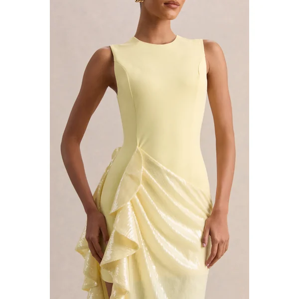 Ada | Robe longue citron à encolure ronde avec jupe transparente et détails à volants