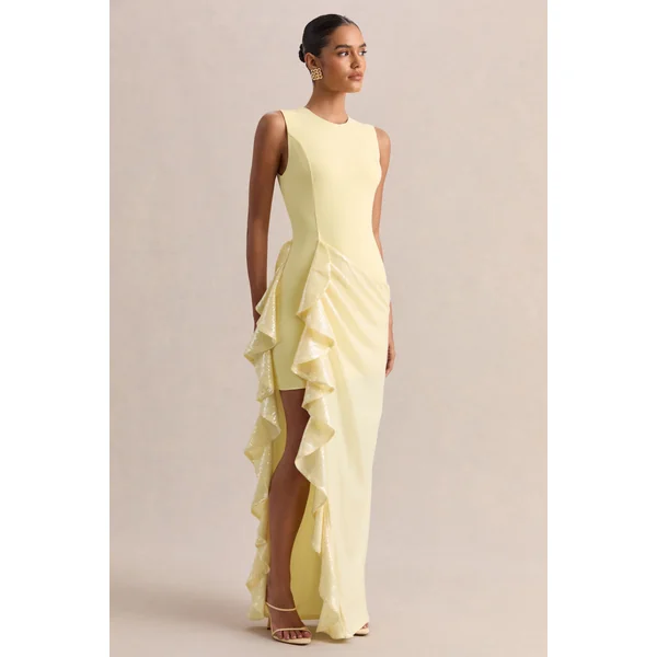 Ada | Robe longue citron à encolure ronde avec jupe transparente et détails à volants