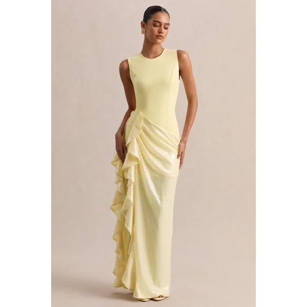 Ada | Robe longue citron à encolure ronde avec jupe transparente et détails à volants
