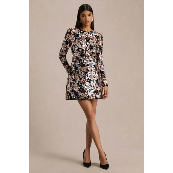 Adaline | Mini-robe noire en velours avec manches longues et détails floraux en sequins
