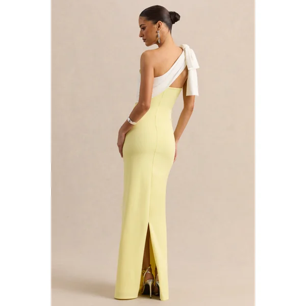 Adara | Robe longue citron et blanche à encolure asymétrique avec détail de nœud