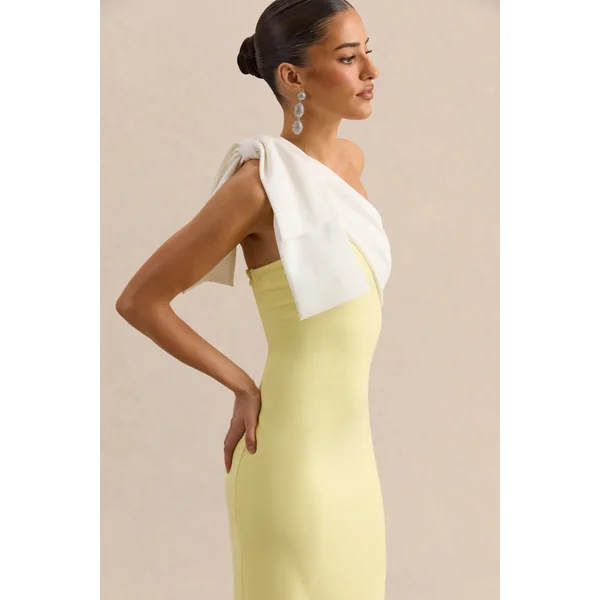 Adara | Robe longue citron et blanche à encolure asymétrique avec détail de nœud