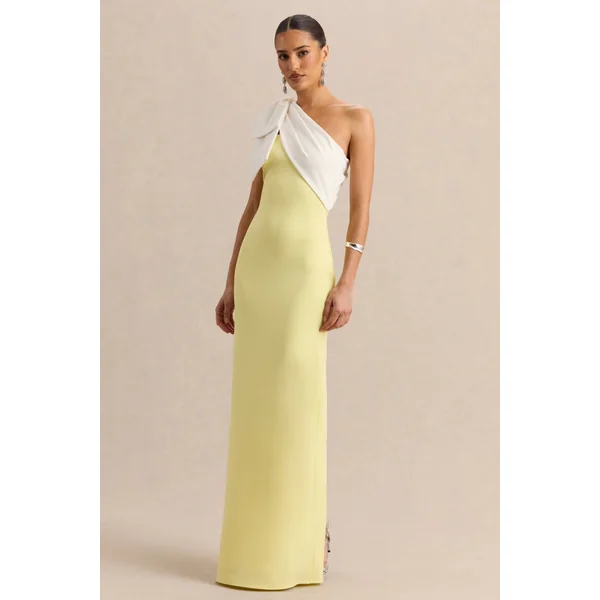 Adara | Robe longue citron et blanche à encolure asymétrique avec détail de nœud