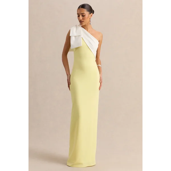 Adara | Robe longue citron et blanche à encolure asymétrique avec détail de nœud