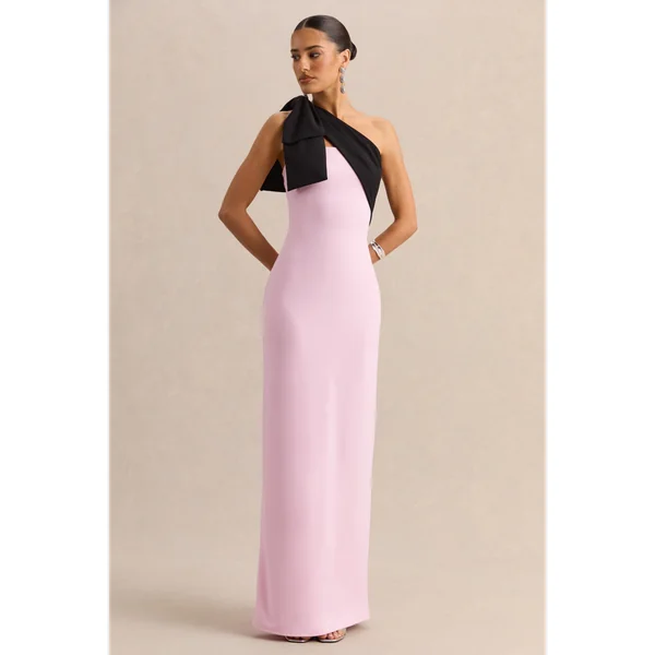 Adara | Robe longue rose et noire à encolure asymétrique avec détail nœud