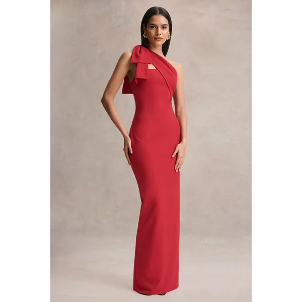 Adara | Robe longue rouge à encolure asymétrique avec détail nœud