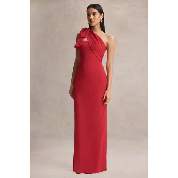 Adara | Robe longue rouge à encolure asymétrique avec détail nœud