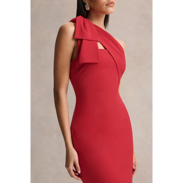 Adara | Robe longue rouge à encolure asymétrique avec détail nœud