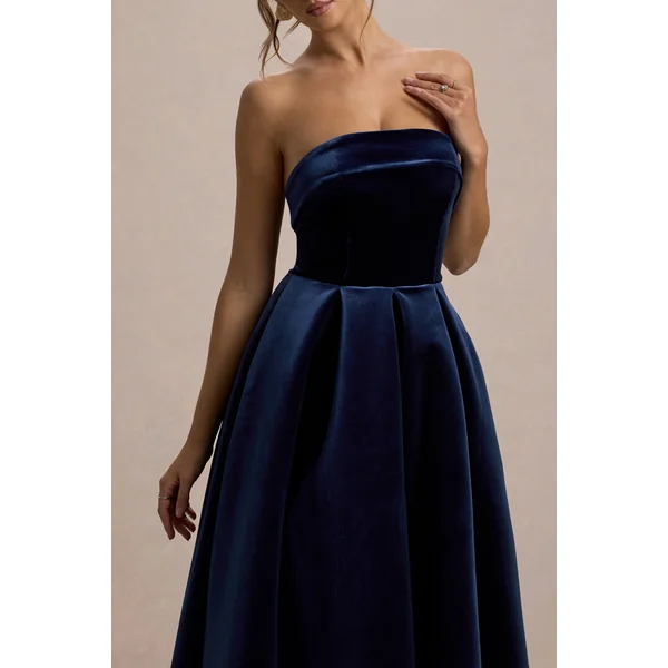 Addina | Robe Mi-Longue Patineuse Bandeau en Velours Bleu Marine