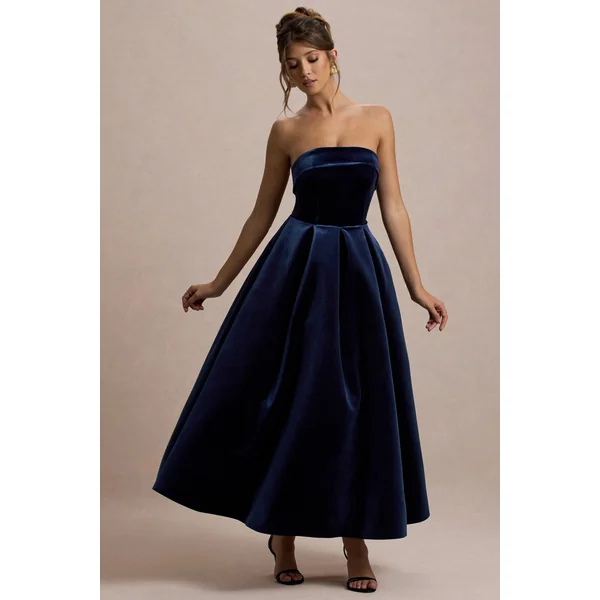 Addina | Robe Mi-Longue Patineuse Bandeau en Velours Bleu Marine