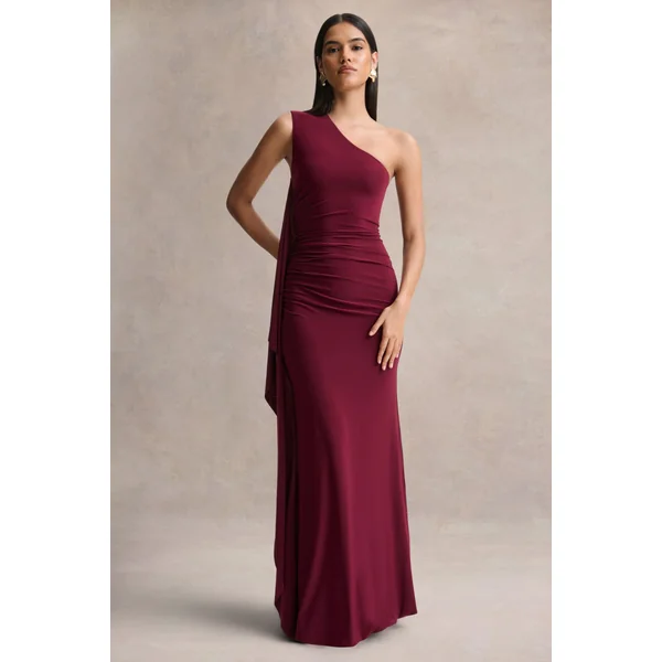 Adelina | Robe longue bordeaux à une épaule avec drapé