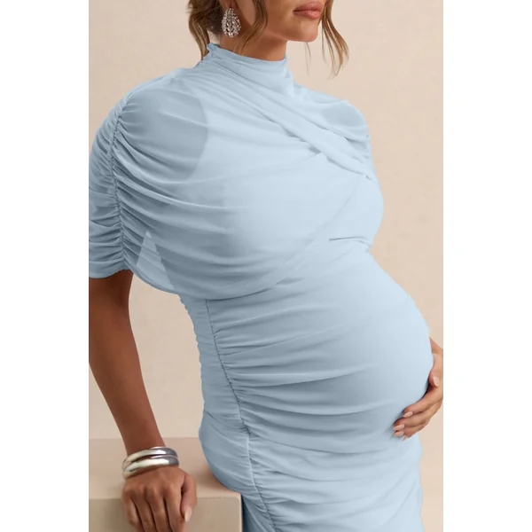 Aderyn | Robe de maternité mi-longue bleu clair à encolure haute avec manches cape transparentes