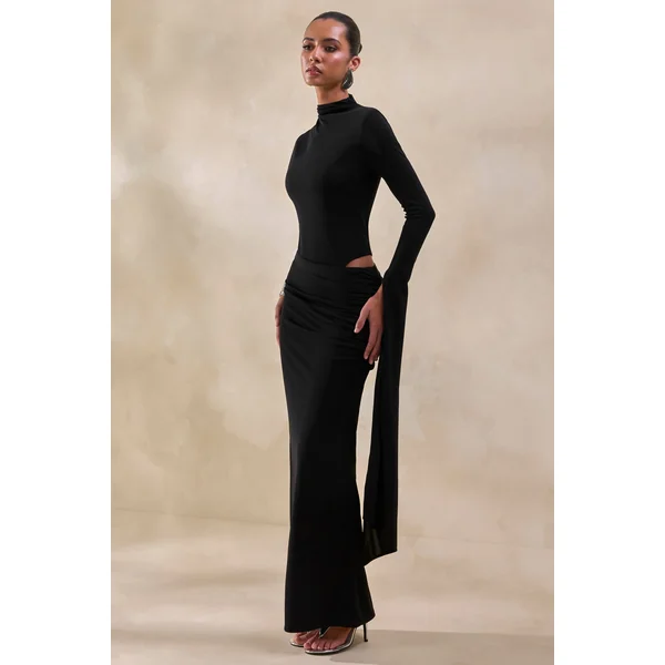 Adessa | Jupe longue noire froncée à taille asymétrique